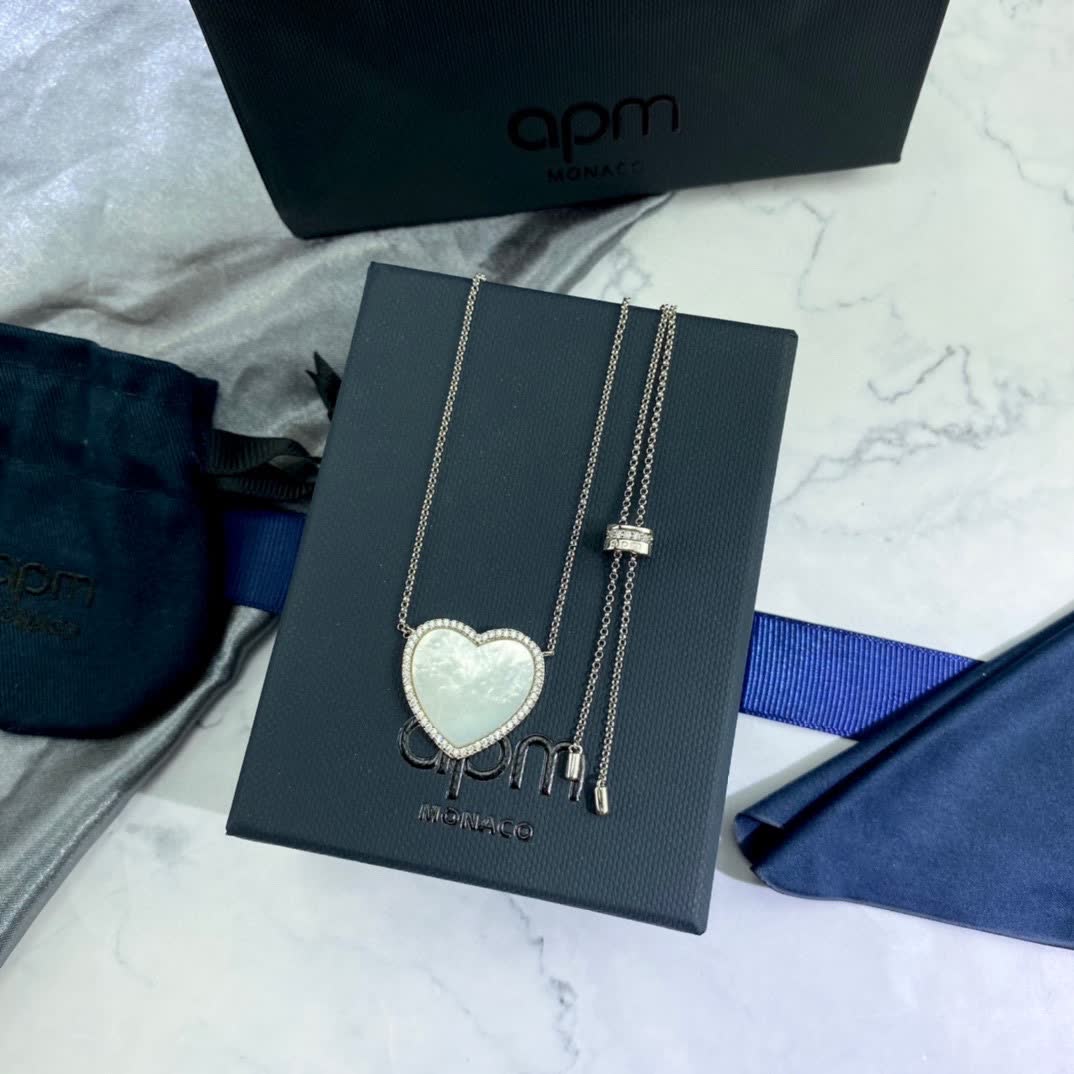 APM Monaco Silver Heart Pendant Necklace with Diamond Accents